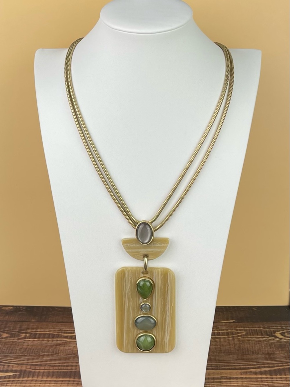 Chico's Jina Collection Long Pendant Necklace - Earthy Sage & Gold Tone